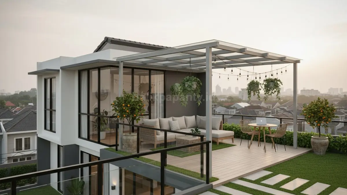 Konsep rooftop sebagai ruang hidup baru rumah kecil modern dengan sentuhan hijau alami.. (BTV/Ai)