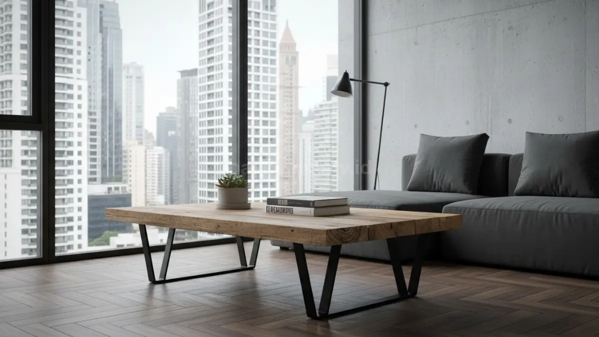 Meja kopi DIY dari kayu sisaan dengan gaya industrial modern ruang tamu kecil
