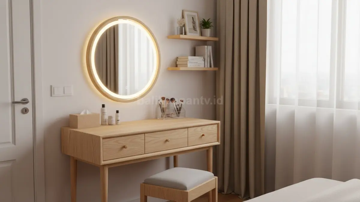 Meja rias modern minimalis warna kayu terang dengan lampu LED bikin kamar terasa lega dan rapi (BTV/Ai)