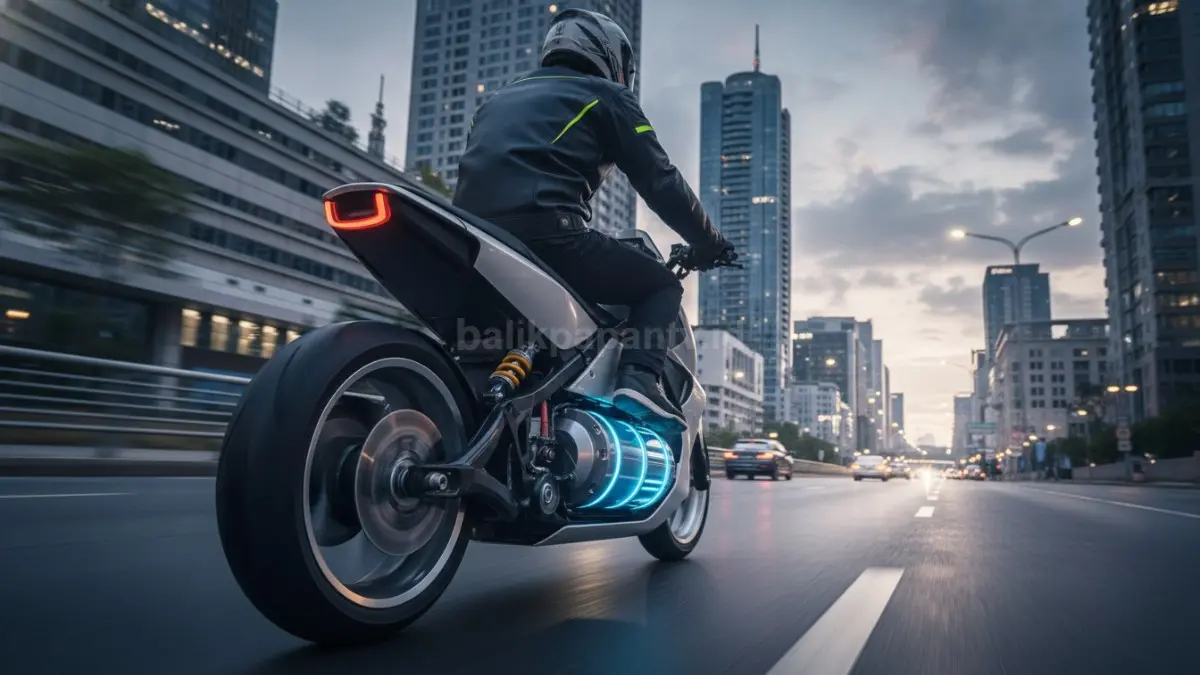 Motor listrik melintas di jalan perkotaan Indonesia dengan sorotan pada baterai dan roda belakang yang jadi perhatian pengguna (BTV/Ai)