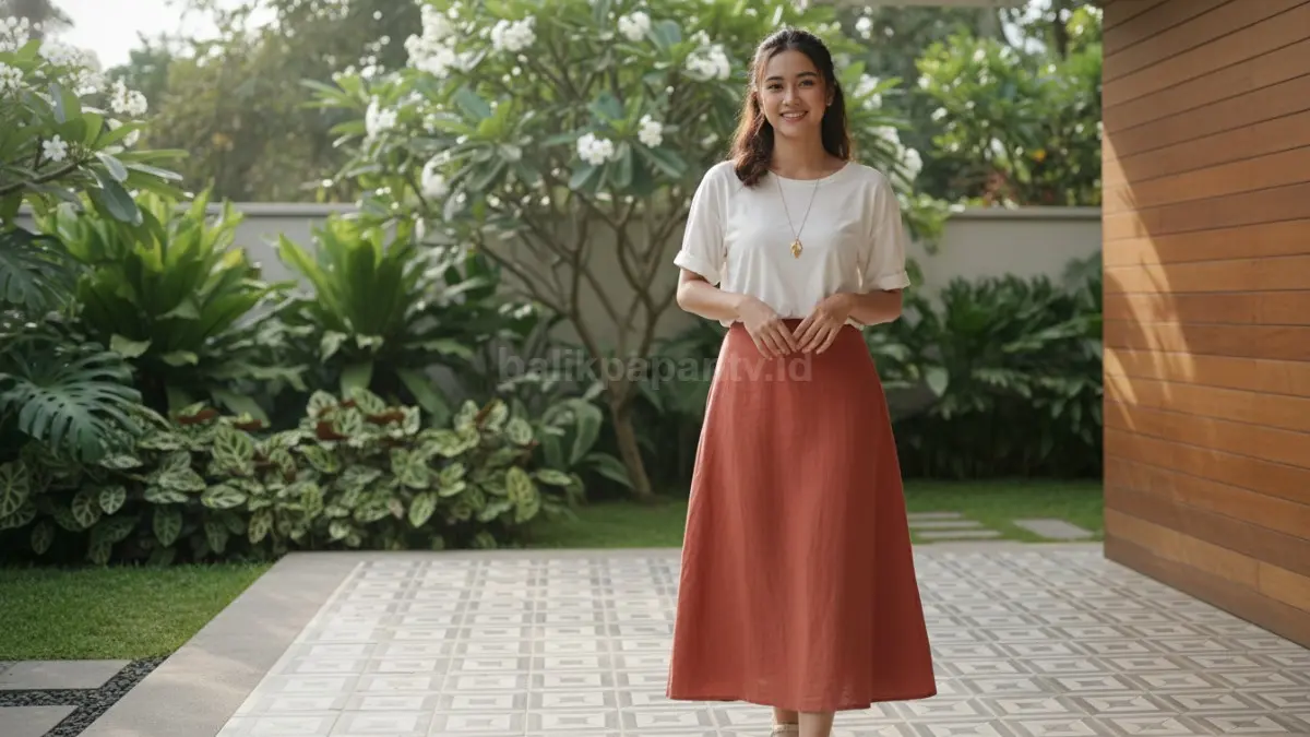 Outfit rok A-line dipadukan kaus santai untuk gaya harian modern dan nyaman dipakai