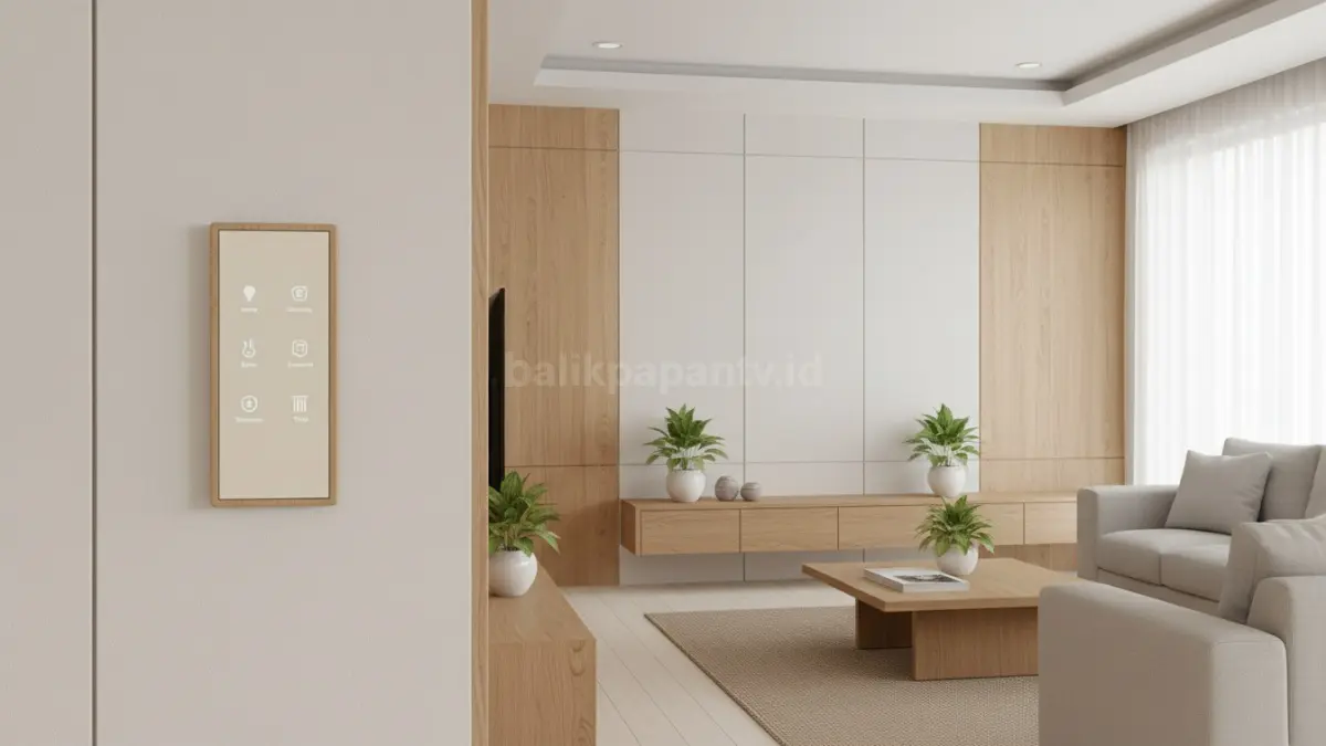 Panel smart tipis berwarna netral menyatu elegan dengan interior rumah modern tanpa kesan penuh tombol elektronik.