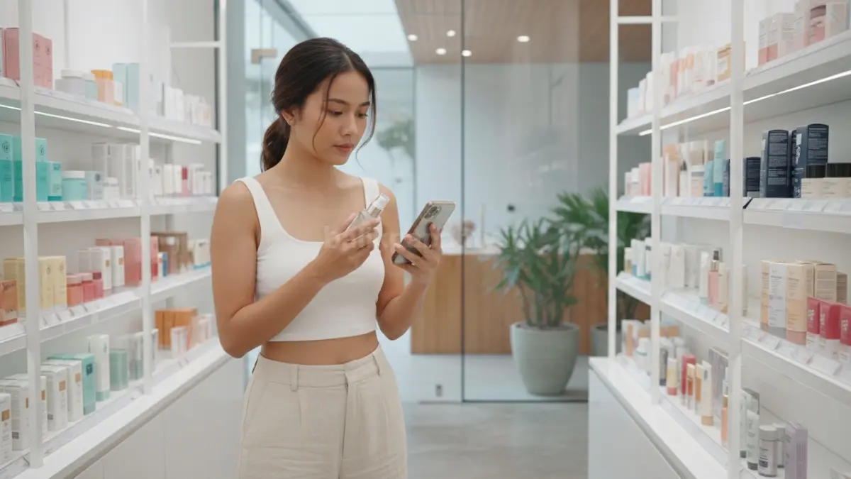 Perempuan memeriksa kandungan skincare sebelum membeli produk beauty di toko kosmetik modern
