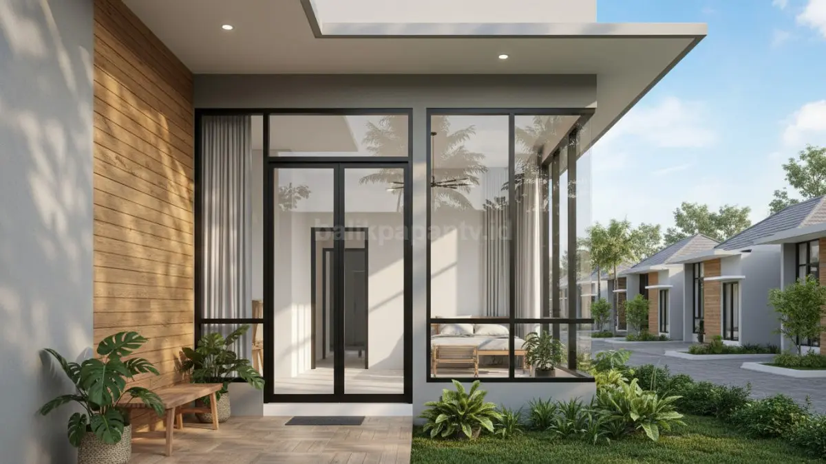 Pintu kaca aluminium hitam modern pada rumah tropis minimalis dengan pencahayaan alami nyaman. (BTV/Ai)
