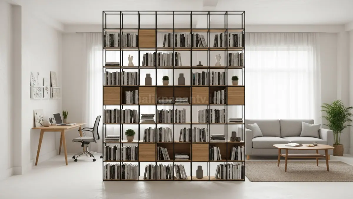 Rak Buku Grid Besi dan Kayu Natural (BTV/Ai)