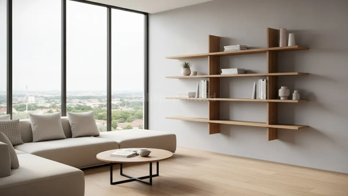 Rak floating kayu natural minimalis di ruang tamu modern rumah compact 2026 (BTV/Ai)