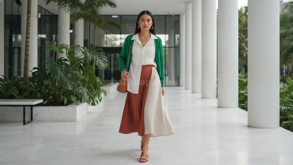 Rok plisket dan A-line tampil elegan dengan kombinasi cardigan dan oversized shirt
