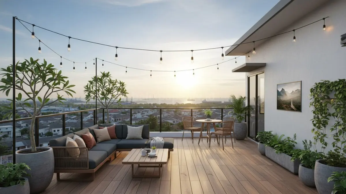 Rooftop rumah kecil modern dengan taman mini dan area santai terbuka, inspirasi hunian urban 2026.. (BTV/Ai)