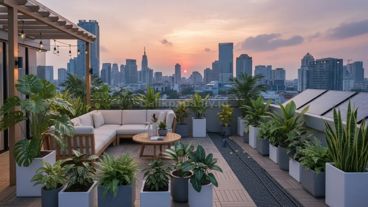 Rooftop taman mini dengan sistem pot modular. (BTV/Ai)