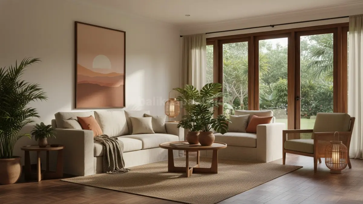Ruang tamu home decor modern dengan warna earthy dan pencahayaan hangat untuk rumah tropis minimalis
