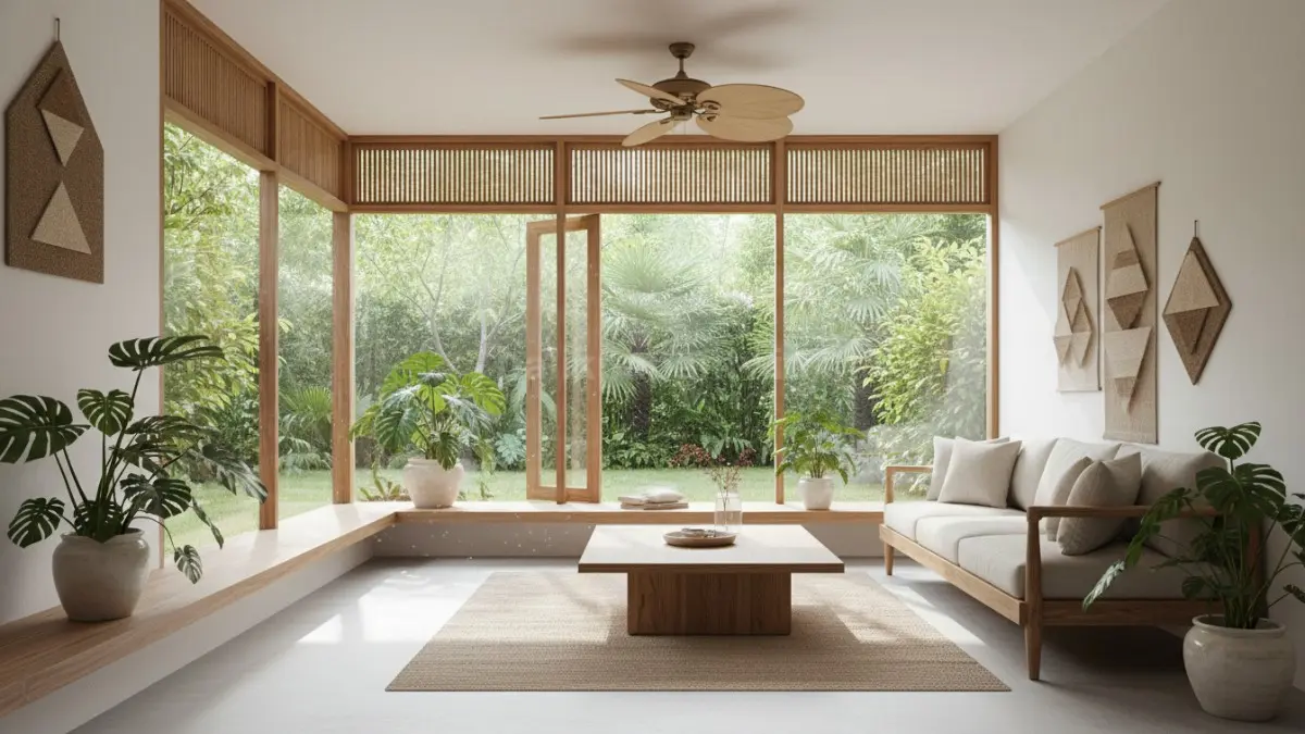 Ruang tamu rumah Jepang modern dengan jendela besar dan ventilasi alami yang bikin adem sepanjang hari
