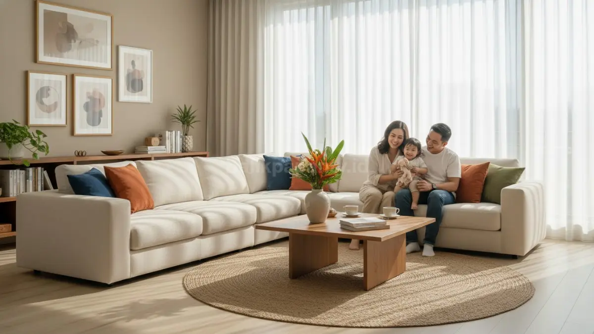 Ruang tamu rumah klasik modern dengan cahaya alami dan nuansa hangat keluarga muda
