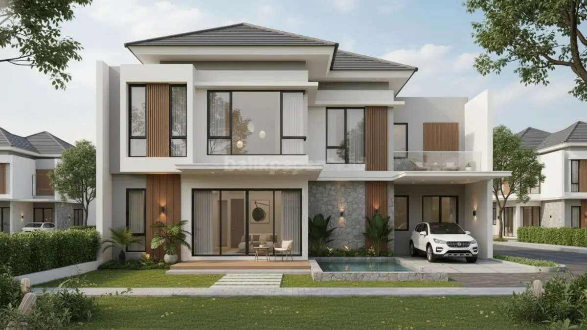 Rumah klasik modern warna krem dengan jendela besar dan taman kecil, cocok untuk hunian tropis masa kini. (BTV/Ai)