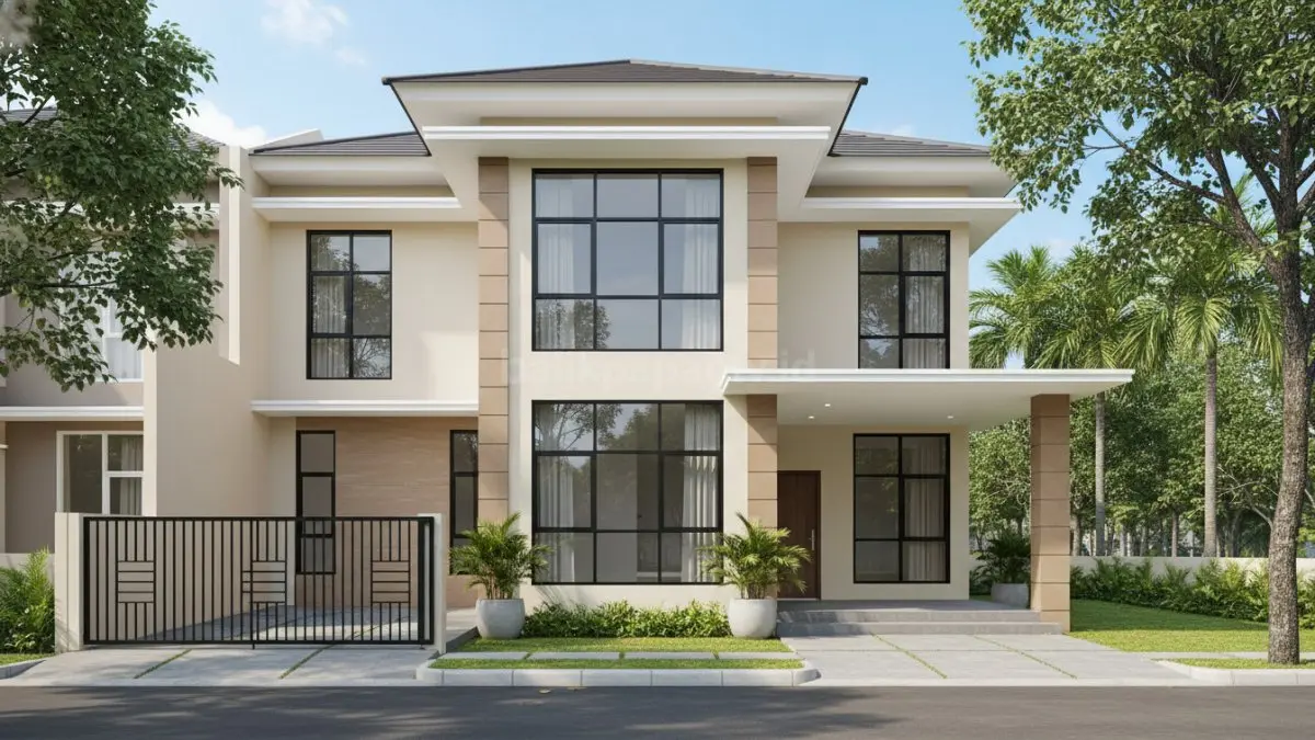 Rumah minimalis klasik modern warna krem dengan jendela besar cocok untuk cuaca panas Balikpapan
