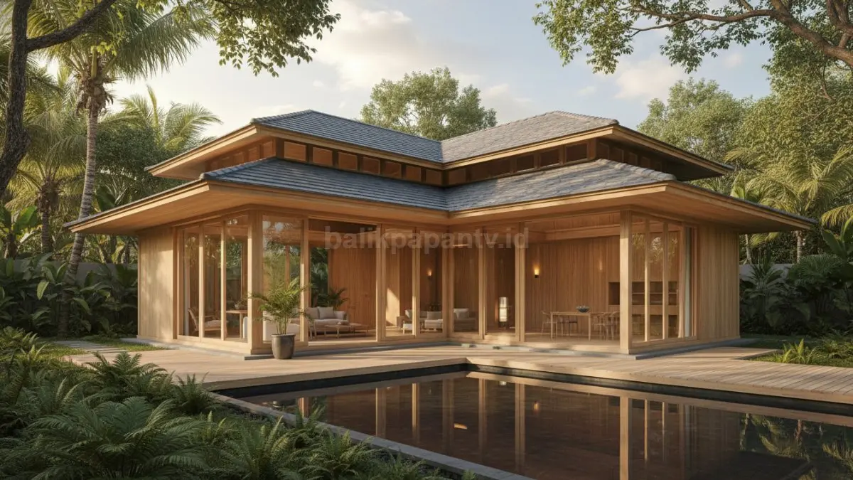 Rumah minimalis modern ala Jepang dengan pencahayaan alami dan nuansa kayu hangat di kawasan tropis
