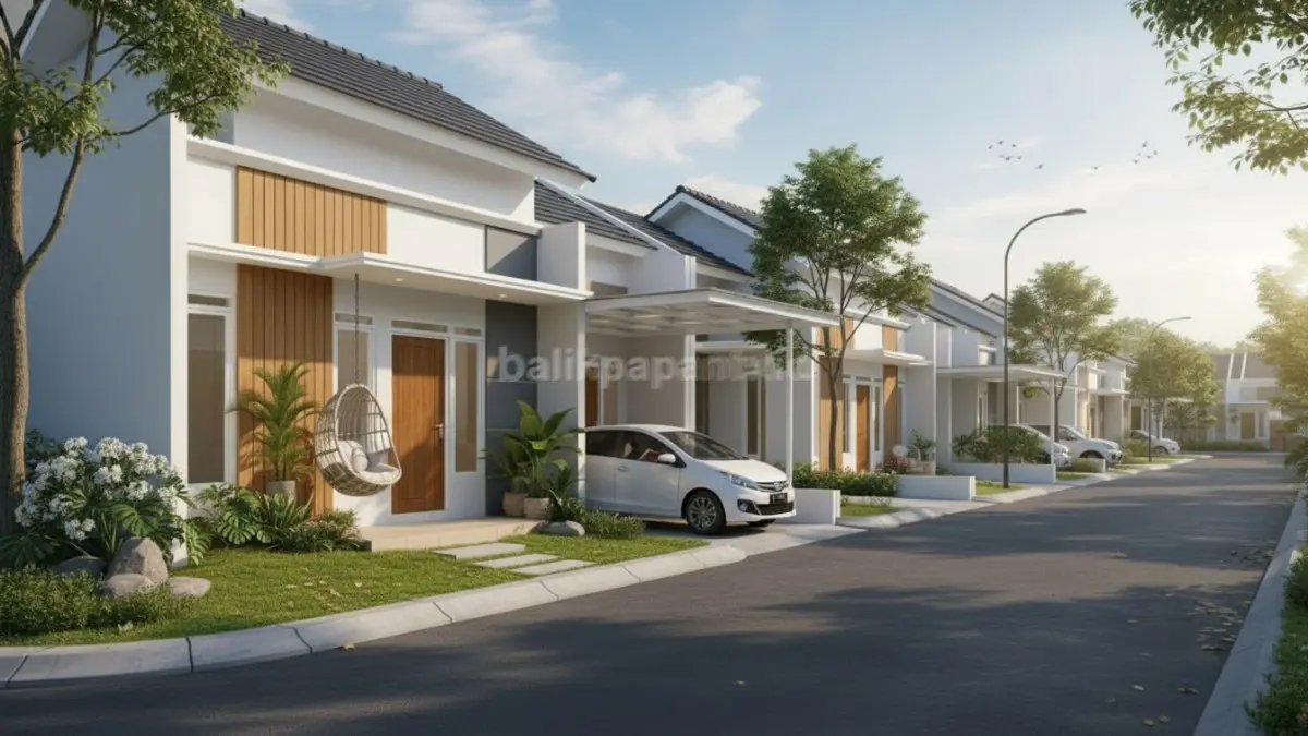 Rumah subsidi minimalis modern dengan teras kecil dan ventilasi alami yang nyaman untuk keluarga muda. (BTV/Ai)
