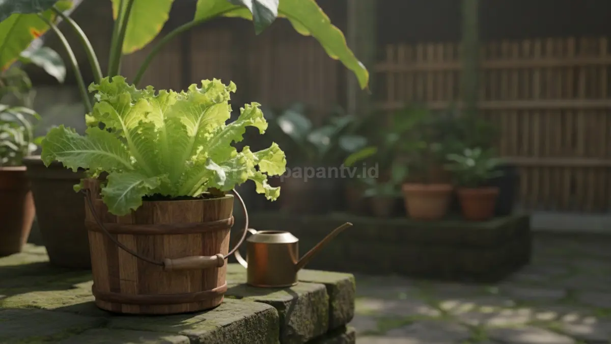 Selada tumbuh subur di ember teduh terang, cocok untuk salad segar dan konsumsi harian.
