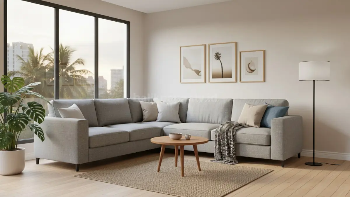 Sofa minimalis modern warna netral bikin ruang tamu kecil terasa lega dan nyaman dipakai harian (BTV/Ai)
