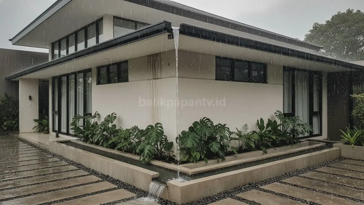 Talang air rumah minimalis modern warna hitam matte menyatu dengan fasad tropis kekinian. (BTV/Ai)