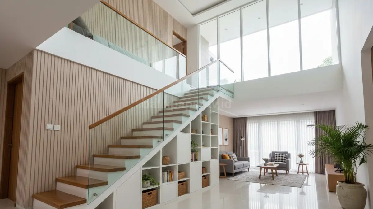 Tangga rumah minimalis dua lantai modern dengan pencahayaan alami bikin rumah terasa lapang dan nyaman. (BTV/Ai)