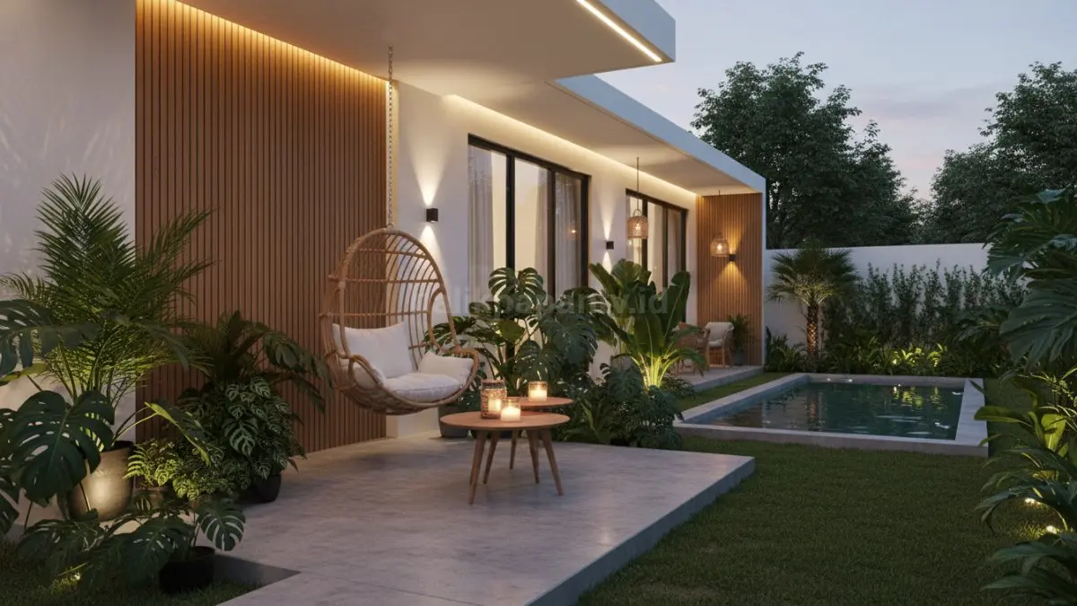 Teras rumah minimalis modern dengan lampu warm white dan tanaman hijau bikin suasana adem dipandang
