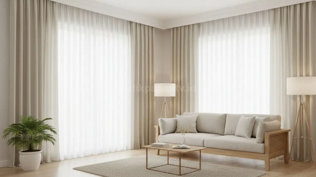 Tirai Linen Beige Full Height untuk Ruang Tamu Terang (BTV/Ai)