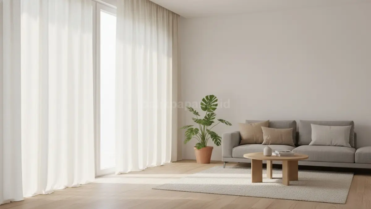 Tirai linen polos minimalis warna beige membuat ruang tamu modern terasa terang dan nyaman (BTV/Ai)