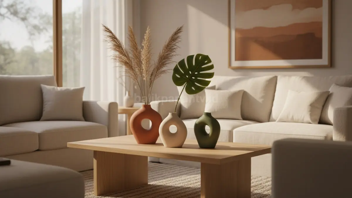 Vas keramik minimalis warna earthy di ruang tamu modern dengan nuansa hangat (BTV/Ai)