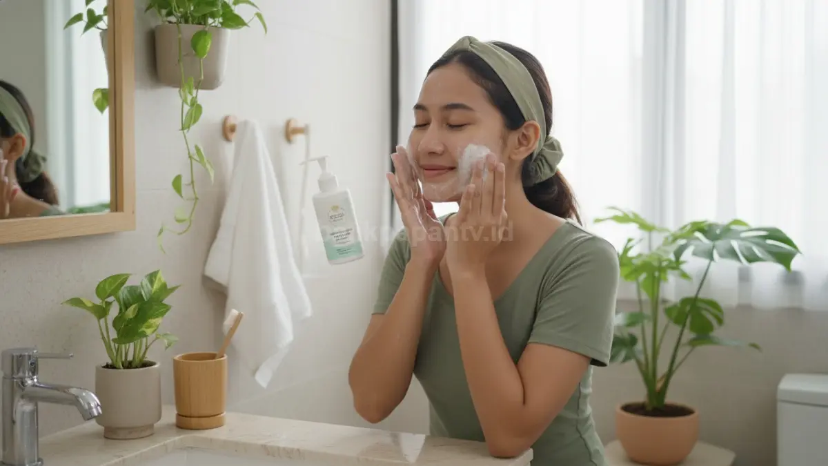 Aktivitas membersihkan wajah menggunakan facial wash lembut pagi dan malam hari
