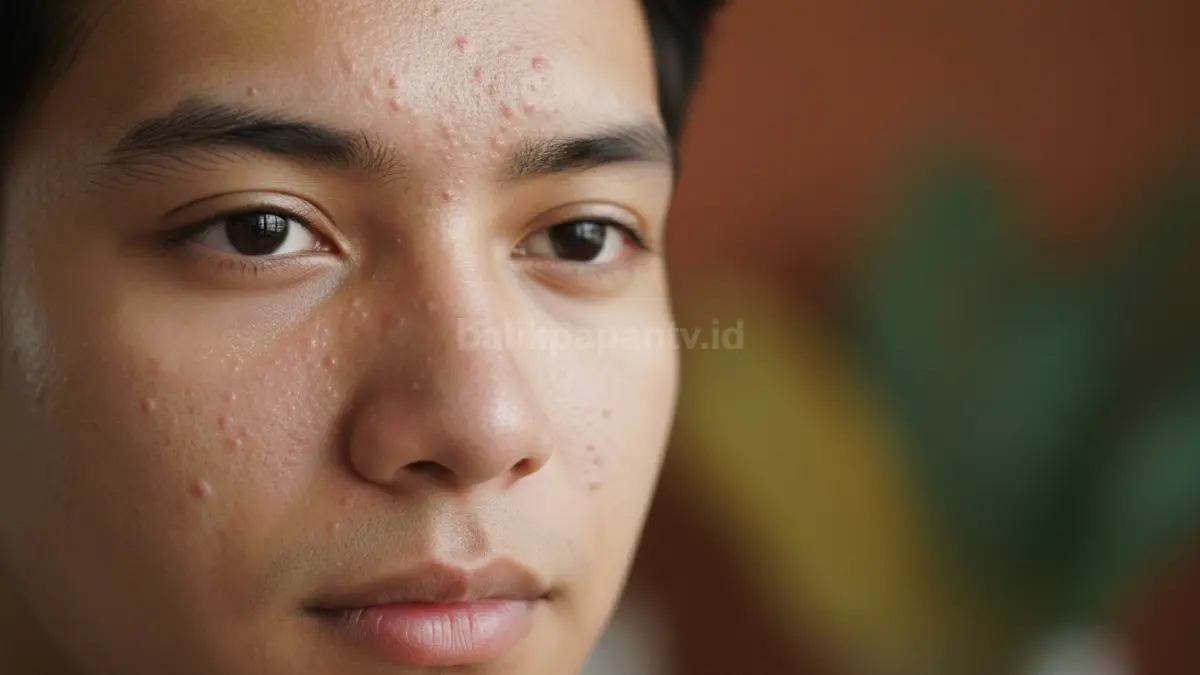Close up wajah dengan bintik bruntusan kecil akibat pori-pori tersumbat dan minyak berlebih