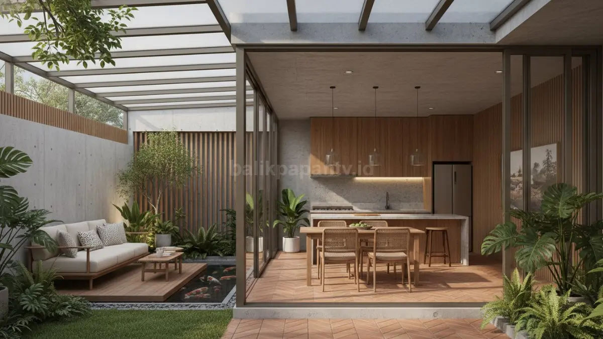Area semi outdoor rumah tropis modern dengan sirkulasi udara alami yang nyaman. (BTV/Ai)
