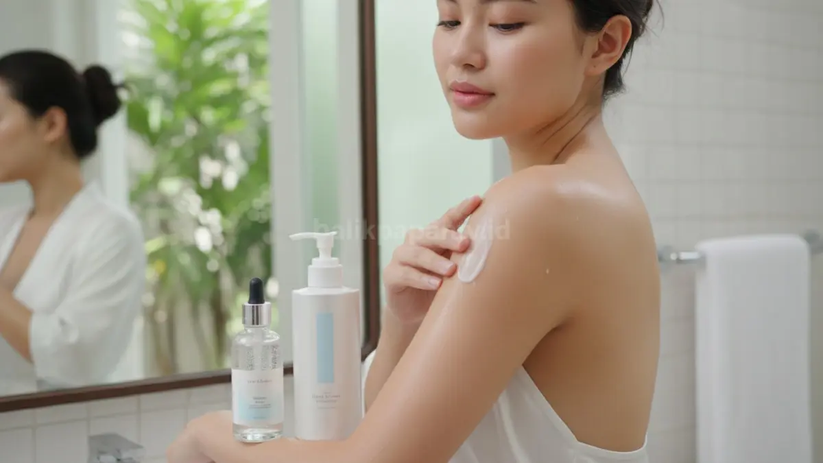 Body serum dan lotion pencerah digunakan setelah mandi untuk menjaga kelembapan kulit.
