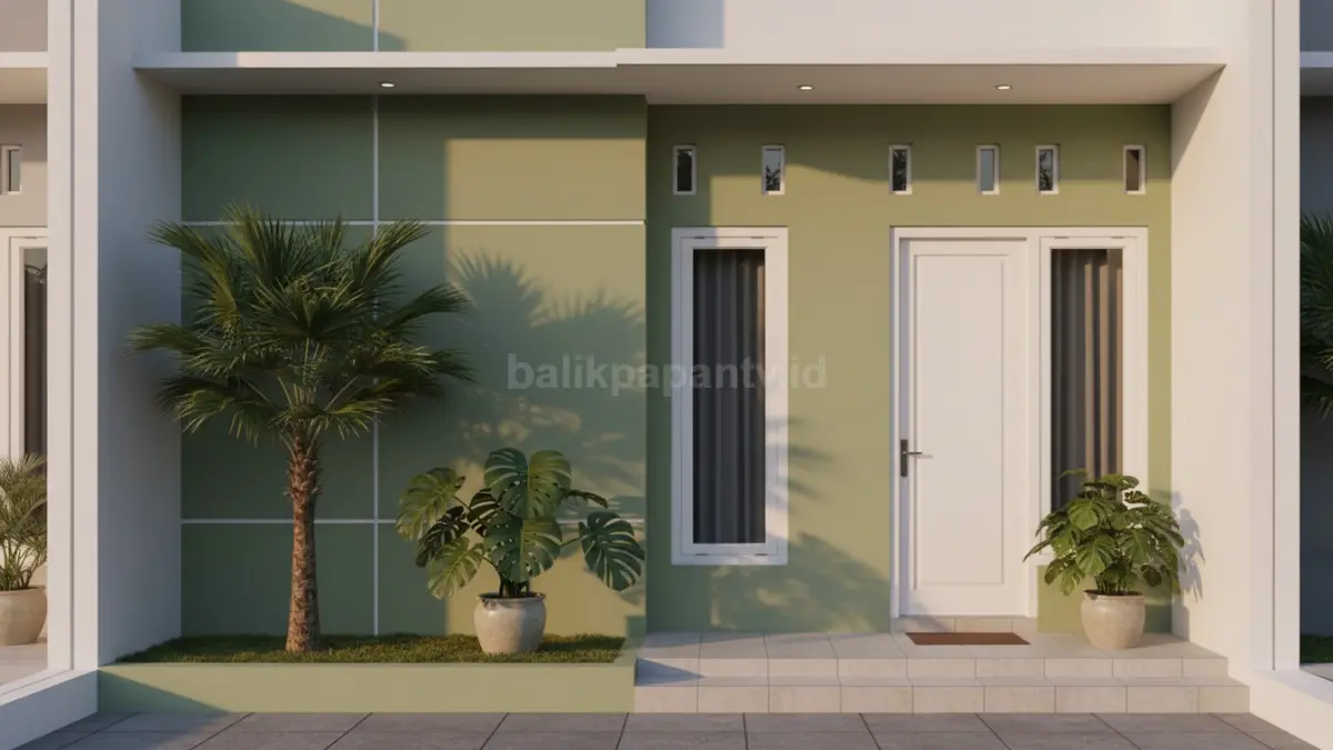 Cat olive muda dan putih hangat hadirkan nuansa alami, estetik, lembut, cocok untuk rumah tropis modern.
