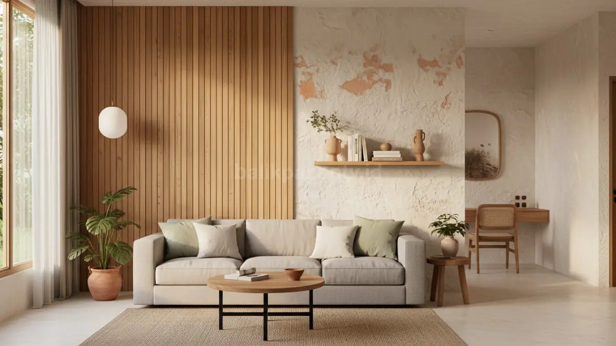Dekorasi dinding estetik 2026 dengan wall panel kayu dan tekstur natural rumah modern (BTV/Ai)