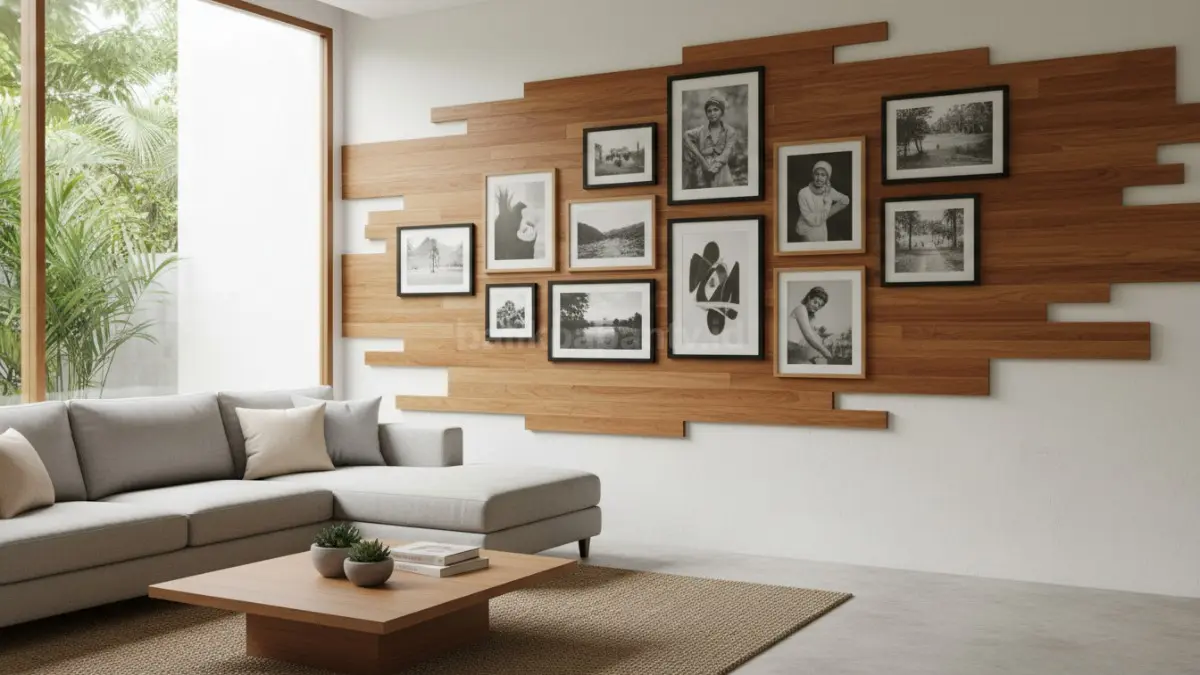 Dekorasi dinding modern dengan kombinasi galeri foto dan panel kayu estetik