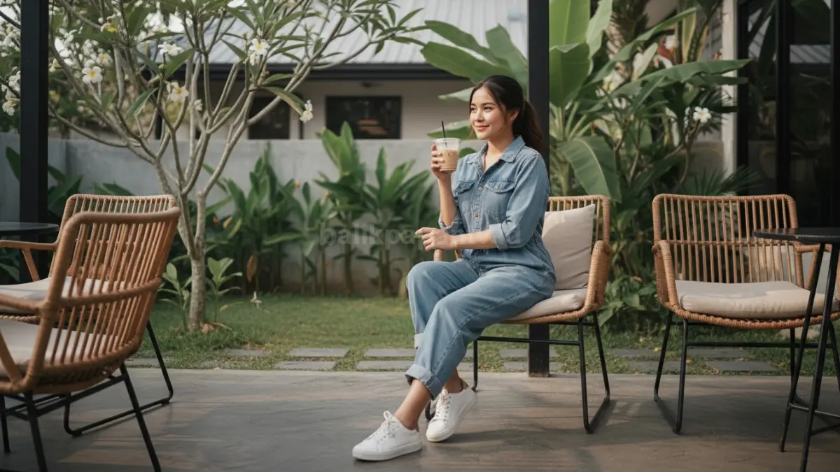 Denim jumpsuit dipadukan sneakers putih cocok untuk suasana hangout santai