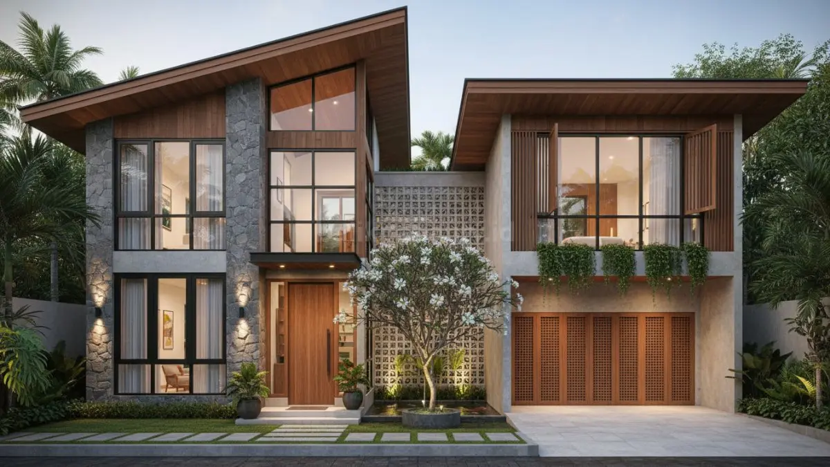 Desain jendela besar dan secondary skin kayu pada rumah modern iklim tropis Indonesia. (BTV/Ai)