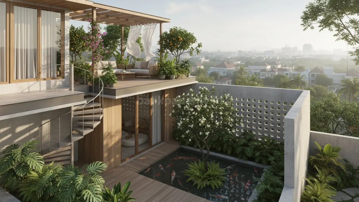Desain Rooftop Garden Rumah Tropis 2026 Makin Diminati, Ini Ide Adem yang Lagi Viral. (BTV/Ai)