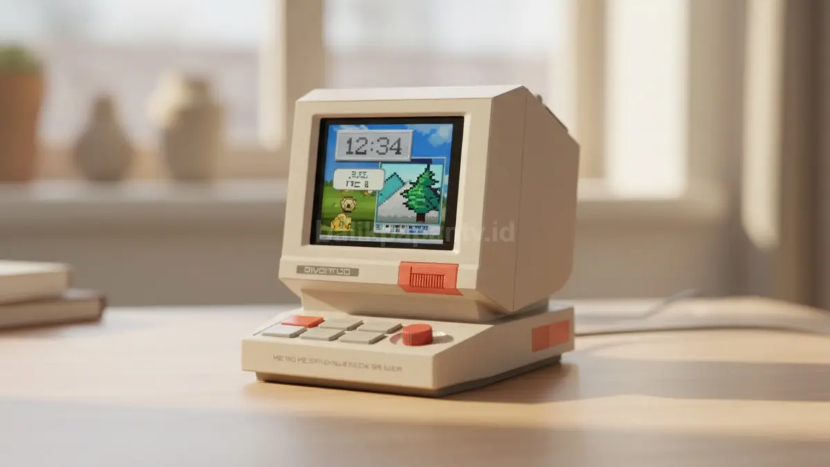 Detail tombol mekanis dan bentuk komputer klasik Divoom MiniToo bernuansa nostalgia retro. (BTV/Ai)