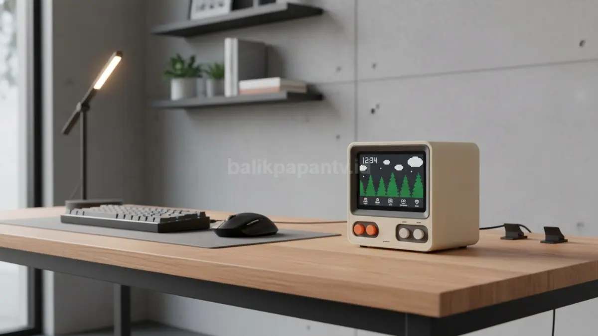 Divoom MiniToo tampil dengan desain komputer retro dan layar pixel art di atas meja kerja modern. (BTV/Ai)