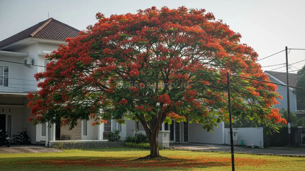 Flamboyan mini berbunga merah terang menciptakan halaman rindang dramatis, cocok untuk rumah berhalaman luas.
