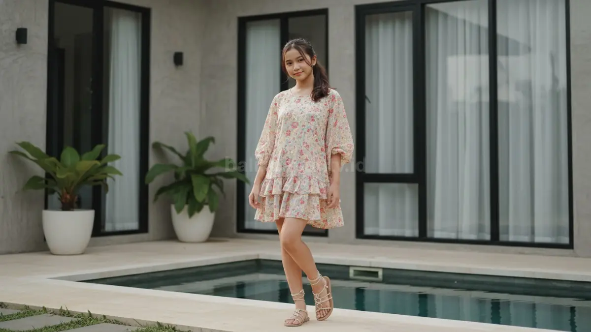 Inspirasi mini dress floral kecil dengan sandal pantai untuk gaya remaja masa kini
