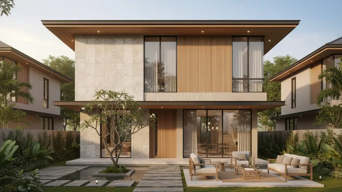 Interior quiet luxury modern dengan tekstur kayu alami dan ruang keluarga hangat. (BTV/Ai)
