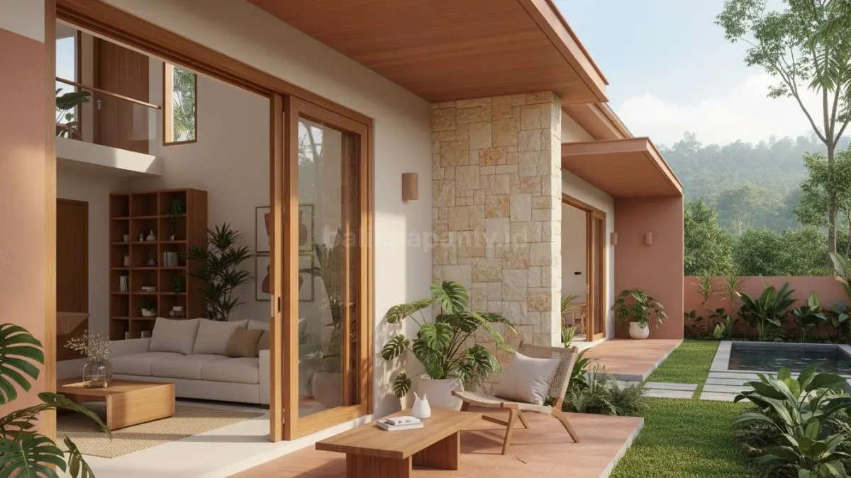 Interior ruang keluarga earth tone minimalis dengan cahaya hangat dan material kayu natural. (BTV/Ai)