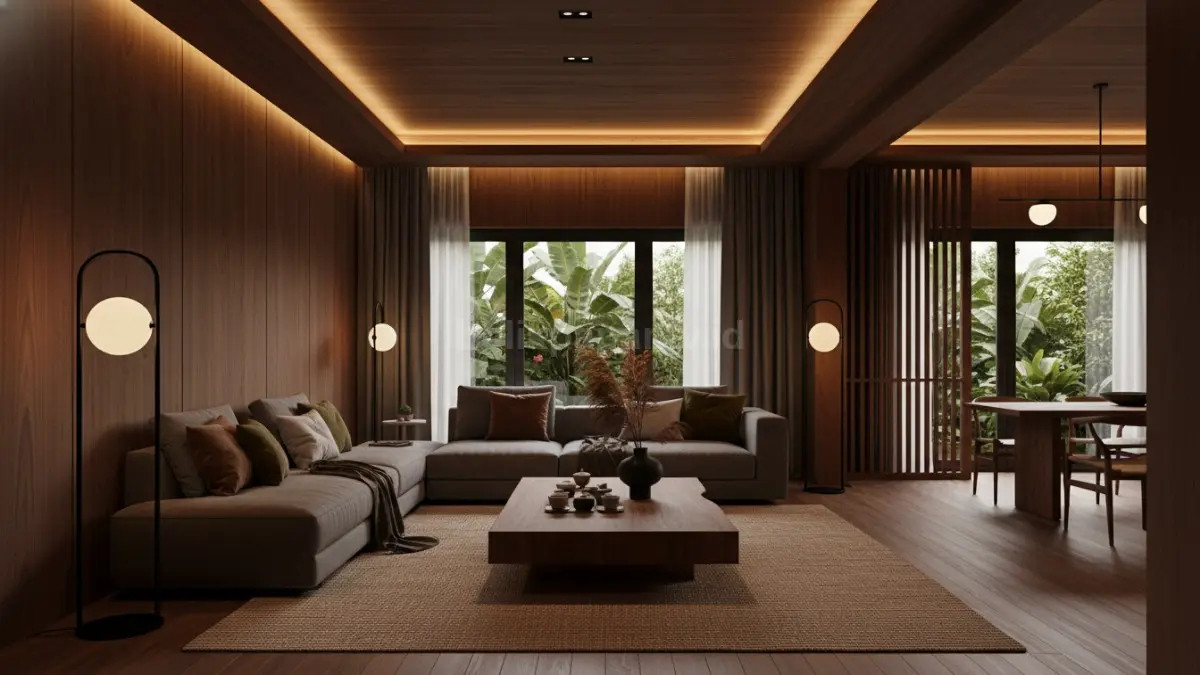 Interior rumah Japandi gelap dengan warna walnut dan pencahayaan hangat modern (BTV/Ai)