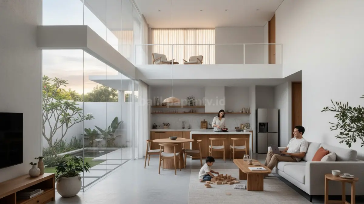Interior rumah minimalis open space dengan pencahayaan alami dan ventilasi besar. (BTV/Ai)