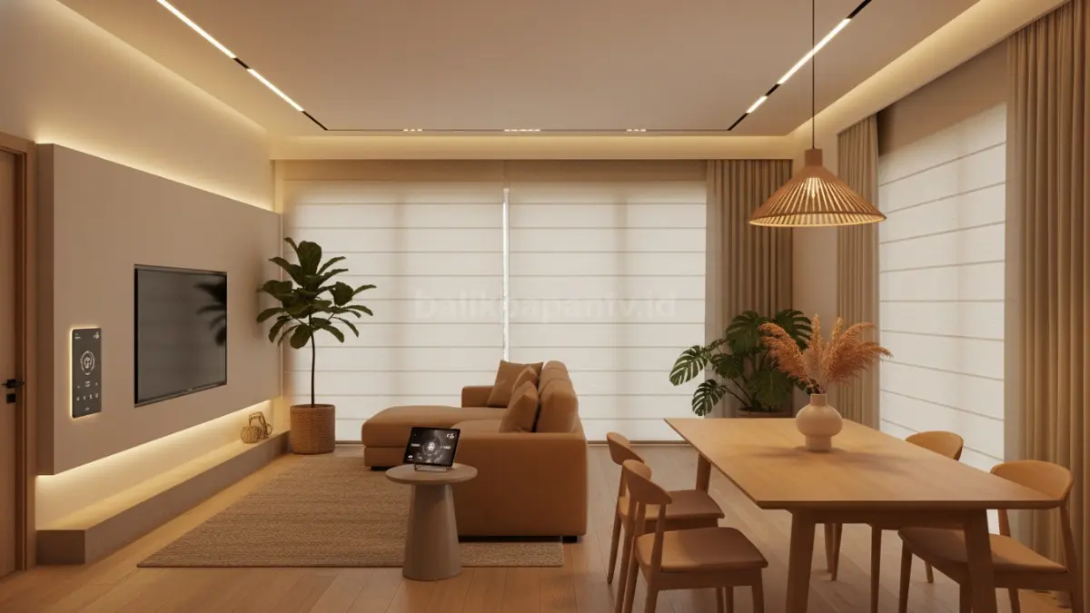 Interior smart home minimalis dengan smart lighting hangat dan dekor modern (BTV/Ai)