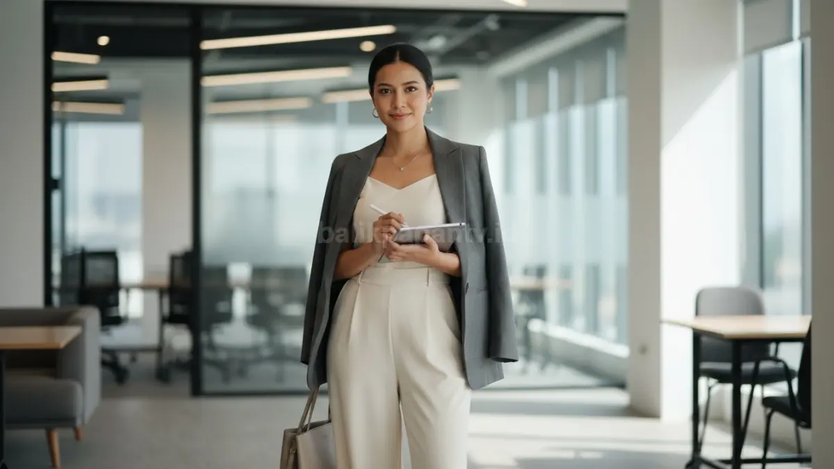 Jumpsuit warna netral dengan blazer memberi kesan profesional untuk aktivitas kantor
