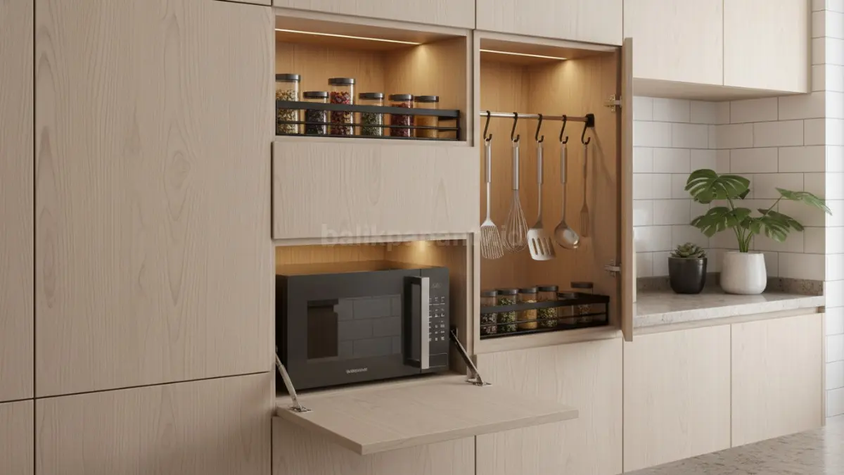 Kabinet kayu ash rak tersembunyi membuat dapur rapi, praktis, modern, dan terasa lebih luas alami.
