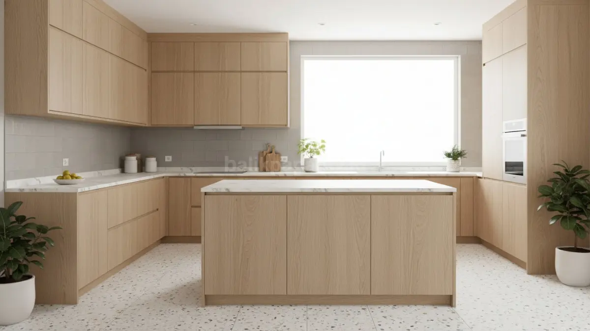 Kabinet oak terang hidden handle menciptakan dapur modern bersih, hangat, serasi countertop putih maupun abu muda.
